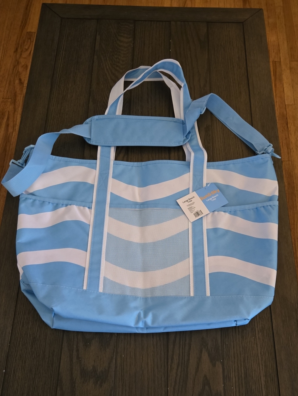 Striped Blue and White Beach Tote with Adjustable Strap, NWT.